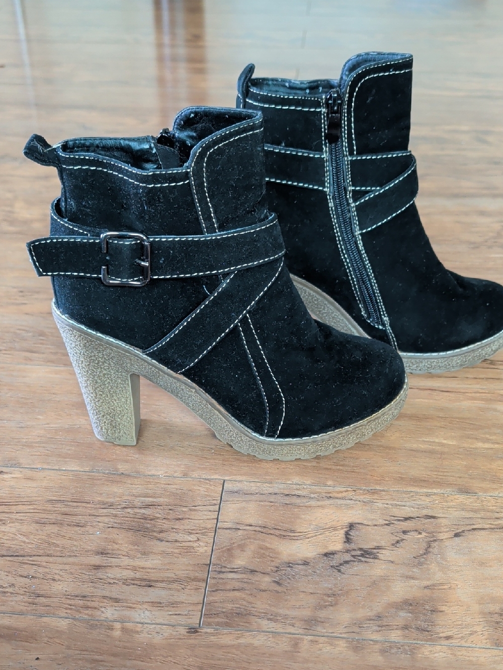 Capelli Black Faux Suede Ankle Boots Size 9 | Block Heel Buckle Strap Zip Boots - Picture 3 of 15
